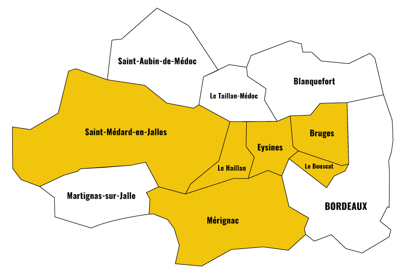 Carte des villes éligibles au déplacement à domicile de Mission Numérique dans la métropôle de Bordeaux