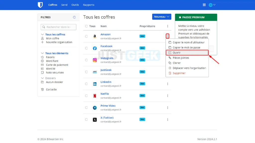 AJout d'un mot de passe dans l'interface de Bitwarden