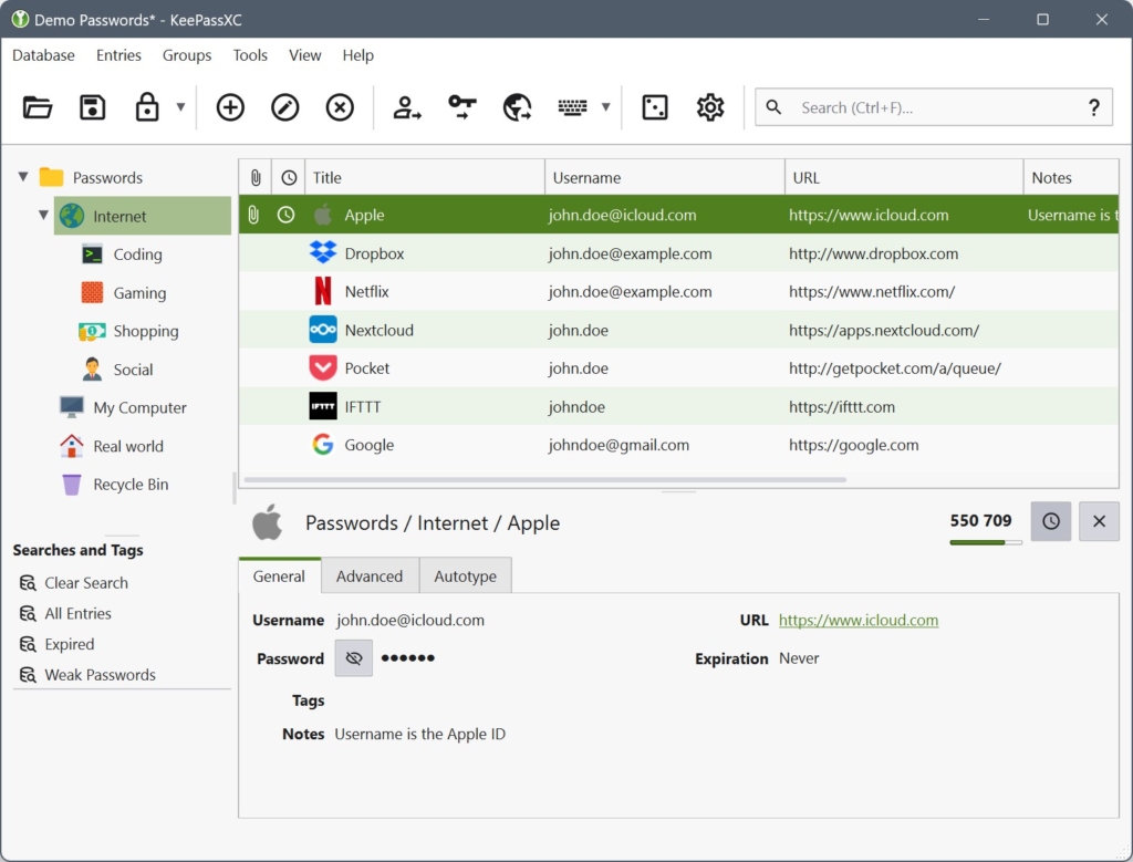 Interface du gestionnaire de mots de passe KeePassXC